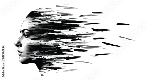A black and white illustration of a woman's face dissolving into abstract shapes