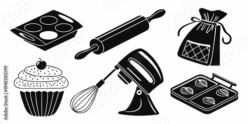 black and white icons of baking tools and desserts Vector