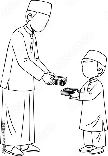 An adult is giving money to a child during a traditional celebration.