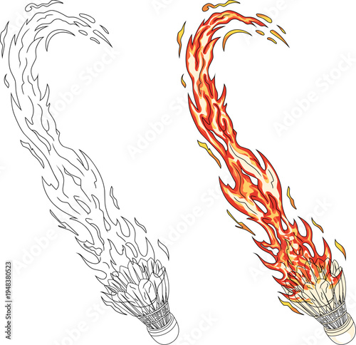 a badminton shuttlecock with a powerful flame trail. Symbolizing extreme velocity and athletic energy. Perfect for sports branding and tournament posters.