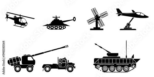 collection of military vehicles and machinery Vector