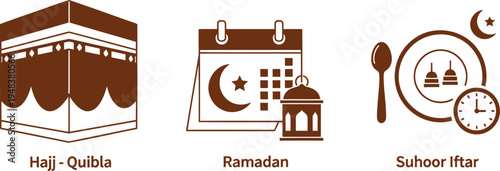 Illustrations of Islamic practices including Hajj, Ramadan, and Suhoor Iftar