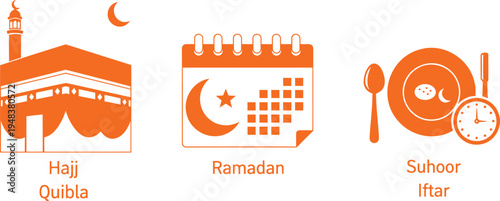 Islamic symbols and icons representing the holy mosque, calendar, and prayer times