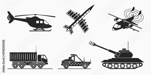 military vehicles and aircraft icons Vector
