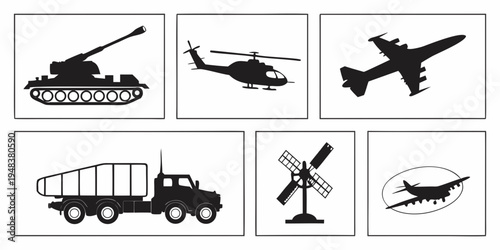 various military and civilian vehicles and aircraft Vector