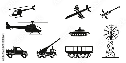 military vehicles and aircraft Vector