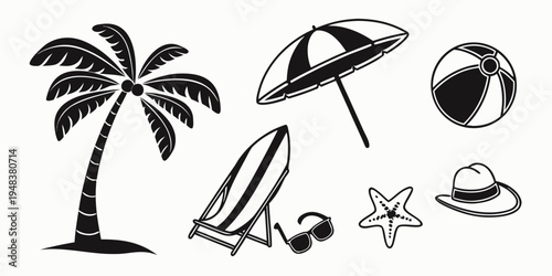 a collection of beach icons including a palm tree and surfboard Vector