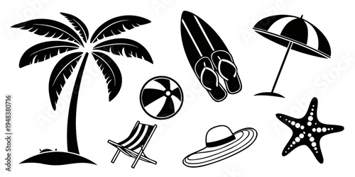 a collection of beach icons including a palm tree and beach accessories Vector