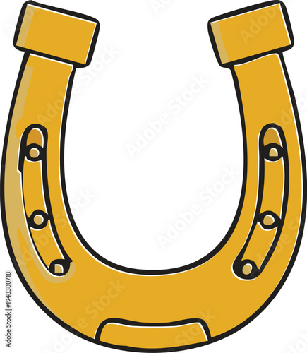 Golden horseshoe cartoon illustration isolated on white background, good luck symbol for equestrian sport or gambling design, hand drawn style metal lucky charm vector