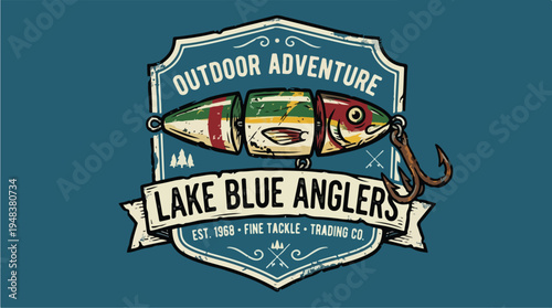 Vintage Fishing Lure Logo for Lake Blue Anglers Outdoor Adventure.