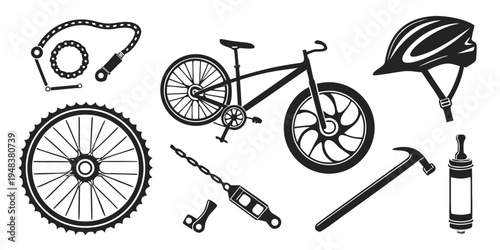 a collection of bicycle parts and tools Vector