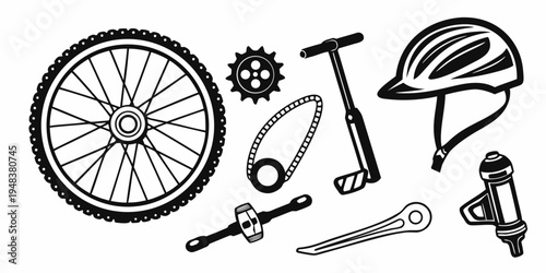 a collection of bicycle tools and parts Vector