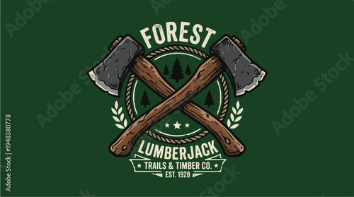 Vintage Forest Lumberjack Trails and Timber Company Logo with Crossed Axes.
