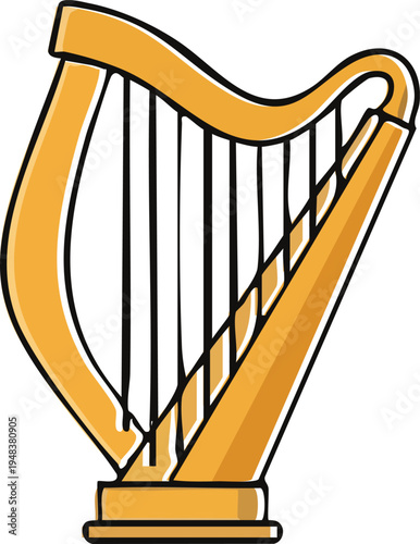 Golden Classical Harp Musical Instrument Vector Illustration, Hand Drawn Doodle Style Harp Icon Isolated on White