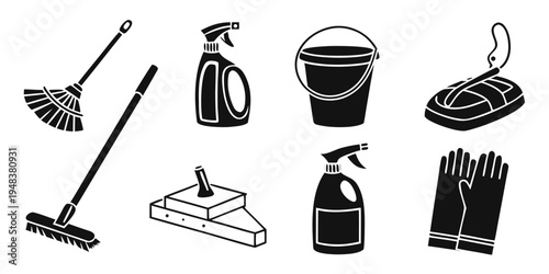 a collection of cleaning supplies and tools Vector