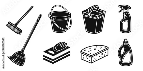 a collection of cleaning supplies and tools Vector