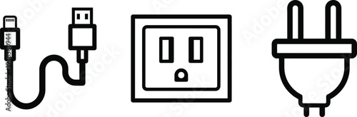 Set of 3 usb cable power outlet plug vector icons with transparent background for design assets