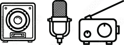 Set of 3 speaker microphone radio vector icons with transparent background for design assets