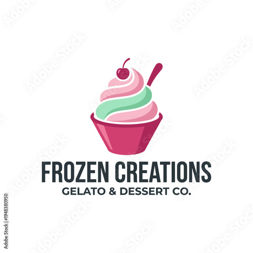 An inviting gelato design showcasing a pink cup filled with swirled mint and strawberry gelato, topped with a cherry to represent sweetness and indulgence.