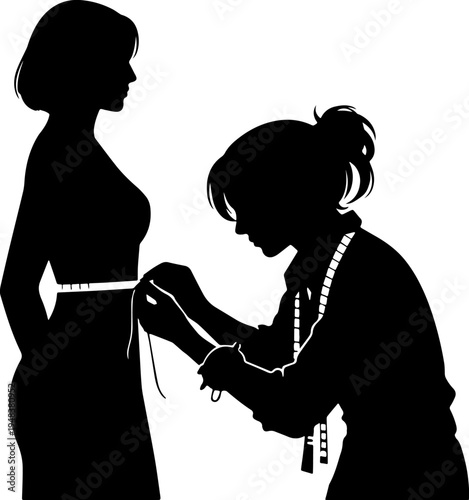 silhouette of a women tailor taking a measurements of another women in black and white silhouette vector with transparent background  