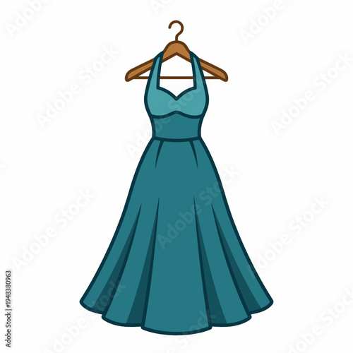 A stylish teal dress displayed elegantly on a wooden hanger, symbolizing fashion, femininity, and the beauty of clothing in a visually appealing manner for fashion enthusiasts.