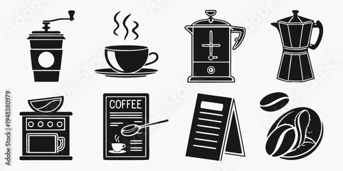 a collection of coffee related objects and appliances Vector