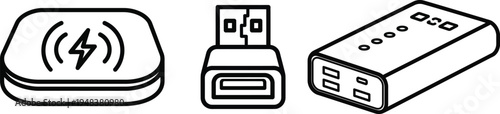 Set of 3 wireless charger usb drive power bank vector icons with transparent background for design assets