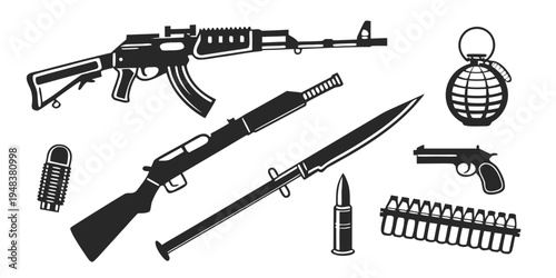 collection of various military weapons and ammunition Vector