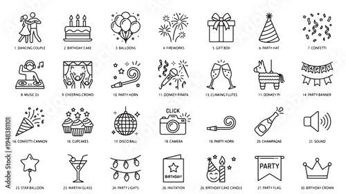 Set of 28  black outline party and celebration vector icons including birthday cake, balloons, fireworks, gifts, and party hats for web and print design