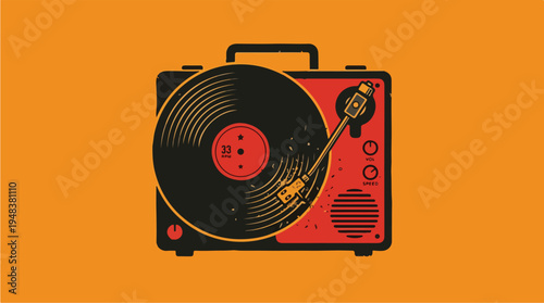 Vintage Portable Turntable with Vinyl Record on Orange Background.