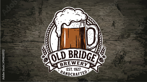 Vintage Old Bridge Brewery Beer Mug Logo Design.