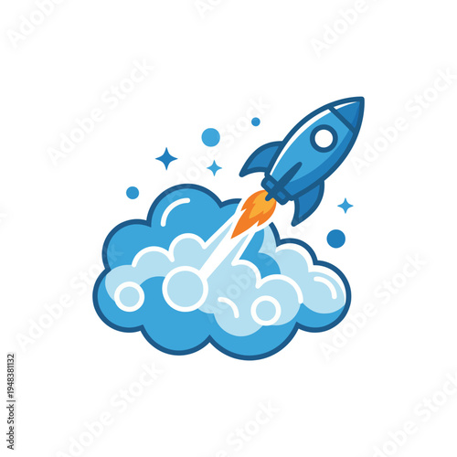 A vibrant rocket taking off from a cloud represents exploration and adventure, embodying aspirations of innovation and the thrill of reaching new heights.