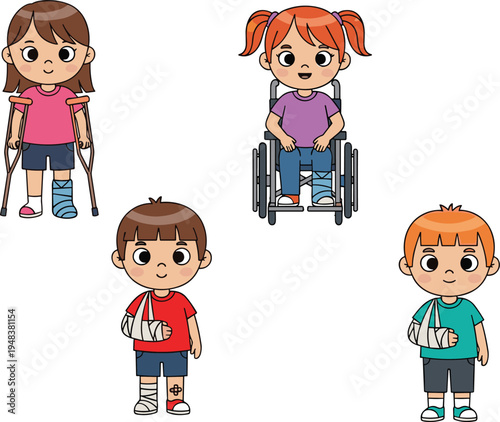Cartoon set of injured children characters with broken arm in sling leg cast using crutches and sitting in a wheelchair