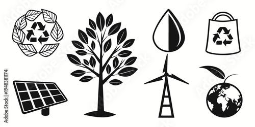 eco friendly icons including recycling symbol tree solar panel and wind turbine Vector