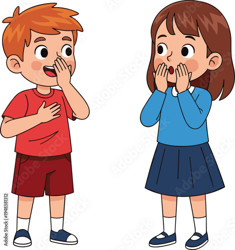 Cartoon set of little boy and girl characters expressing surprise and shock while whispering secrets or gossiping with hand gestures