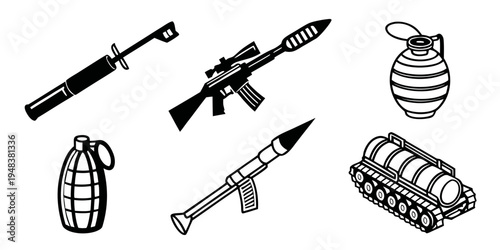 collection of various military weapons and vehicles Vector