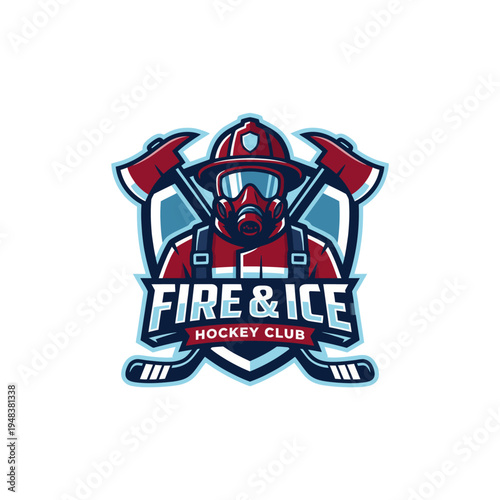 A striking hockey club logo featuring a firefighter in gear, signifying bravery and skill, capturing the essence of both fire and ice themes in sports.