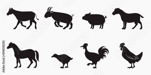 black silhouettes of various farm animals Vector