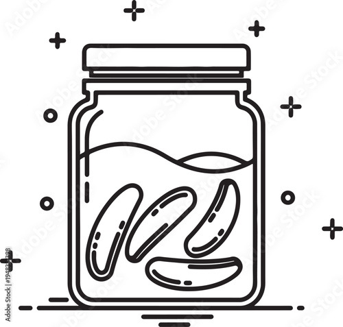 Black line of a glass jar filled with pickles and brine surrounded by decorative plus signs and circles also transparent background