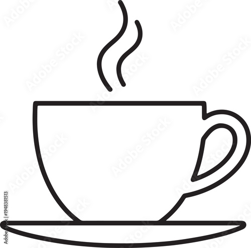 Black line of a steaming coffee cup and saucer on a white background also transparent background hot drink