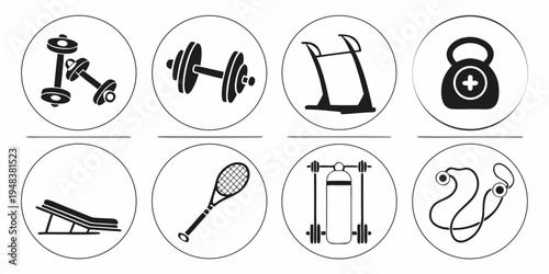 a collection of eight gym and workout equipment icons Vector