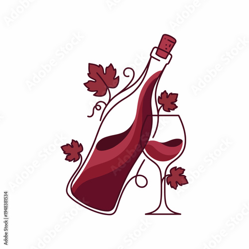 A beautifully designed wine bottle accompanied by a glass and adorned with grape leaves conveys themes of celebration, indulgence, and the art of winemaking as a delightful visual.