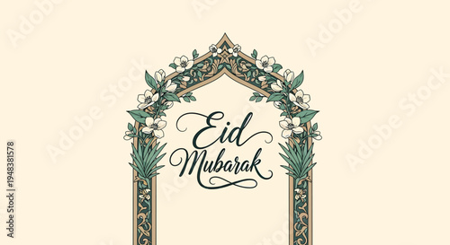 A beautifully designed Eid Mubarak card featuring a floral arch and elegant calligraphy, perfect for Ramadan celebrations and Muslim holiday greetings.