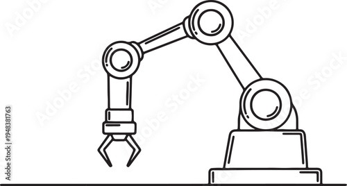 Black outline of a robotic arm with a gripper on a white background also transparent background industrial robot