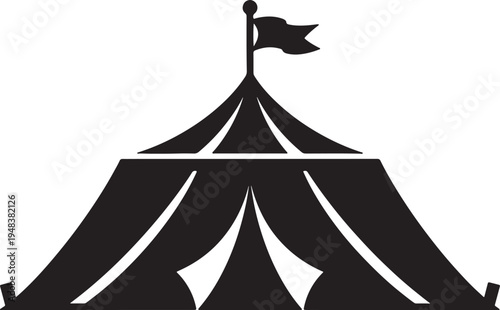 Black silhouette of a circus tent with a flag on also transparent background big flag black and white