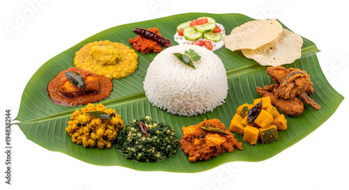A traditional south indian meal served on a fresh green banana leaf with rice and various curries isolated on transparent background