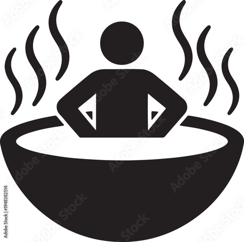 Black silhouette of a person in a hot tub with steam rising also transparent background