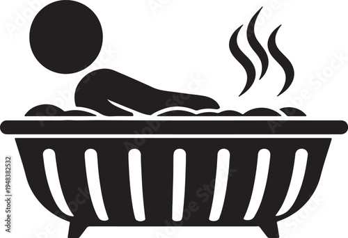 Black silhouette of a person relaxing in a steaming hot tub or jacuzzi also transparent background bath