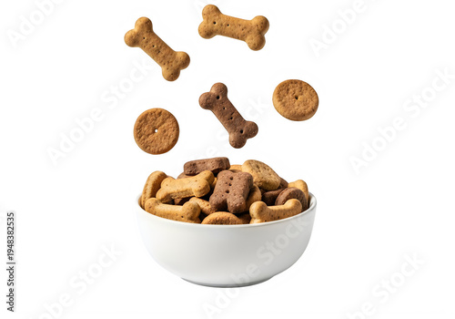 A variety of bone shaped and round crunchy dog biscuits falling into a ceramic white cereal bowl isolated on transparent background