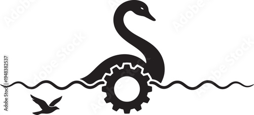 Black silhouette of a mythical sea creature with a gear for its body and a bird flying above wavy water also transparent background